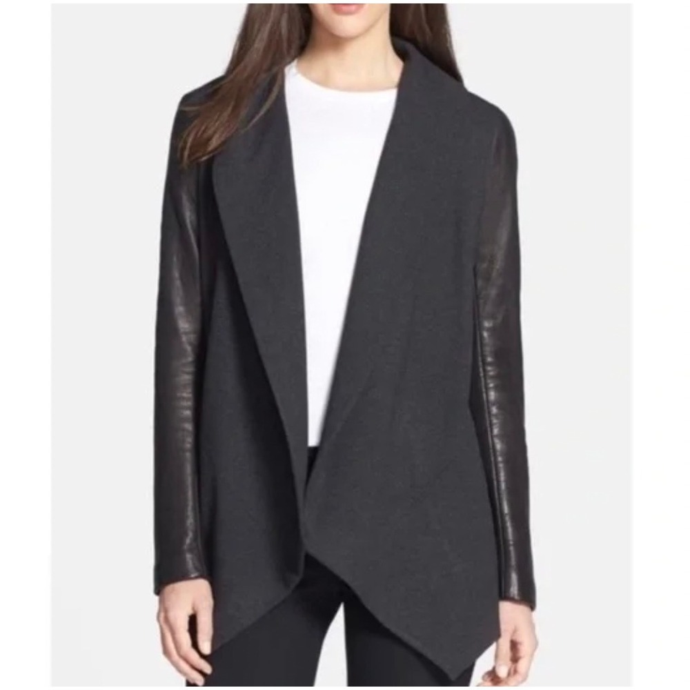 THEORY Laura Classical Lamb Leather Sleeve Blazer Jacket Women M Gray/Black Open